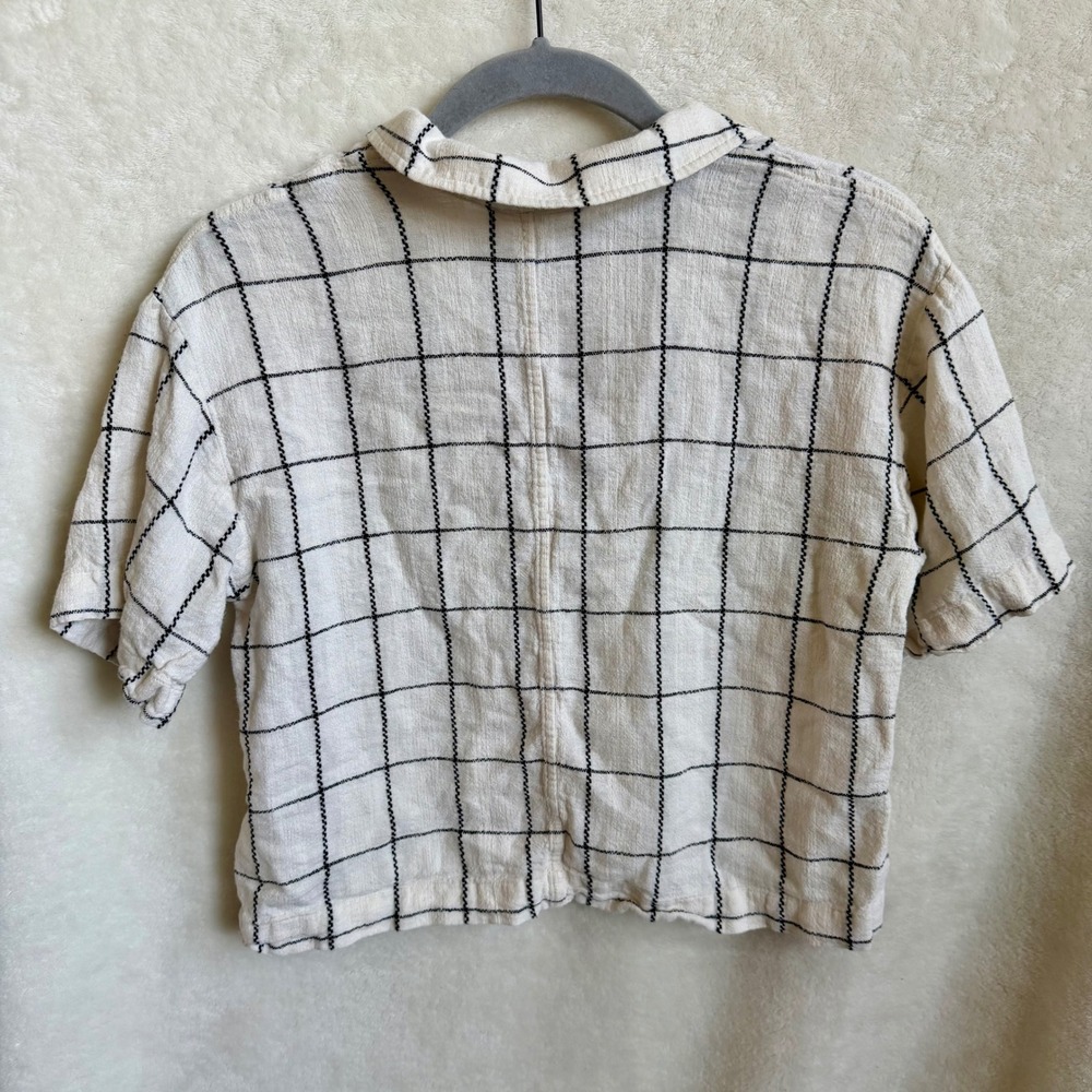 Madewell Linen Blend Resort Crop Shirt Windowpane Check Sz Small Ivory Black - Picture 4 of 4